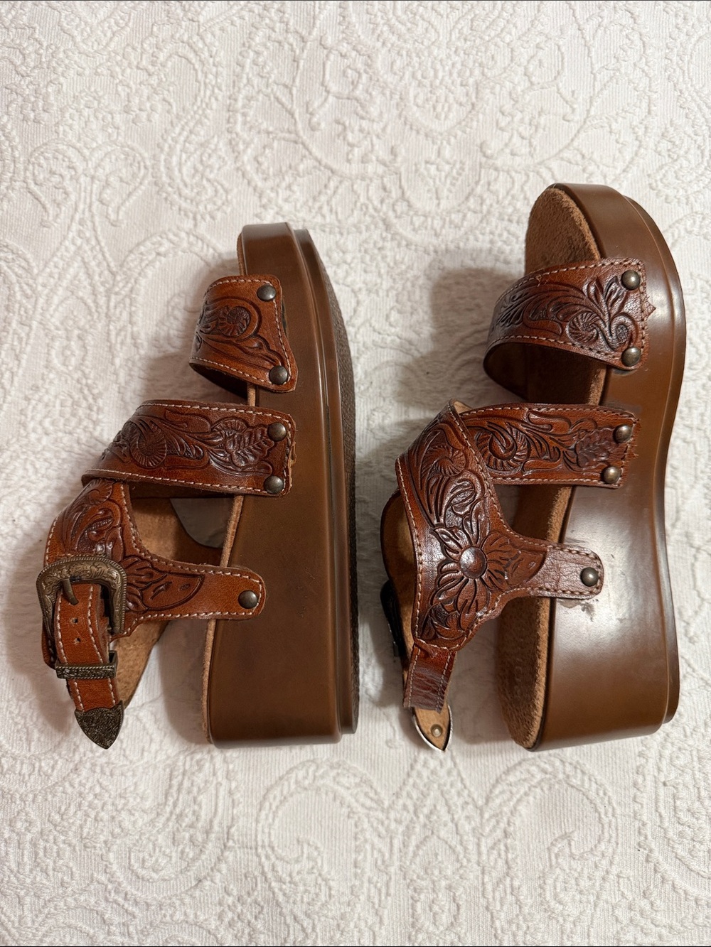 Roper Sandals Size 9 Brown Western Tooled Leather Platform - Picture 5 of 11
